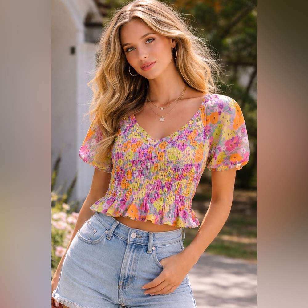 Sanctuary Floral Smocked Peplum Blouse Boho Cottagecore Top XS Pink